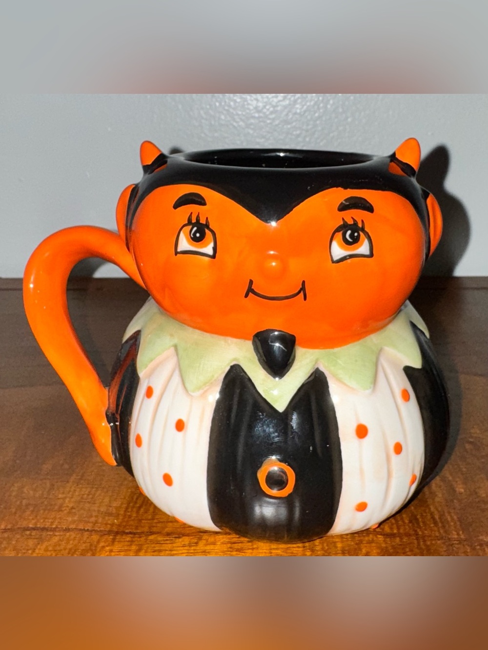 🥰 Johanna Parker Halloween Devil 😈 Mug Orange Black Striped Pumpkin Peep Ceramic